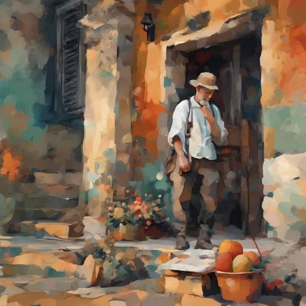 Φωτογραφία με νέο που περιμένει σε μια παραδοσιακή ελληνική αυλή, αναδεικνύοντας την έννοια της δημιουργίας και νοηματοδότησης.