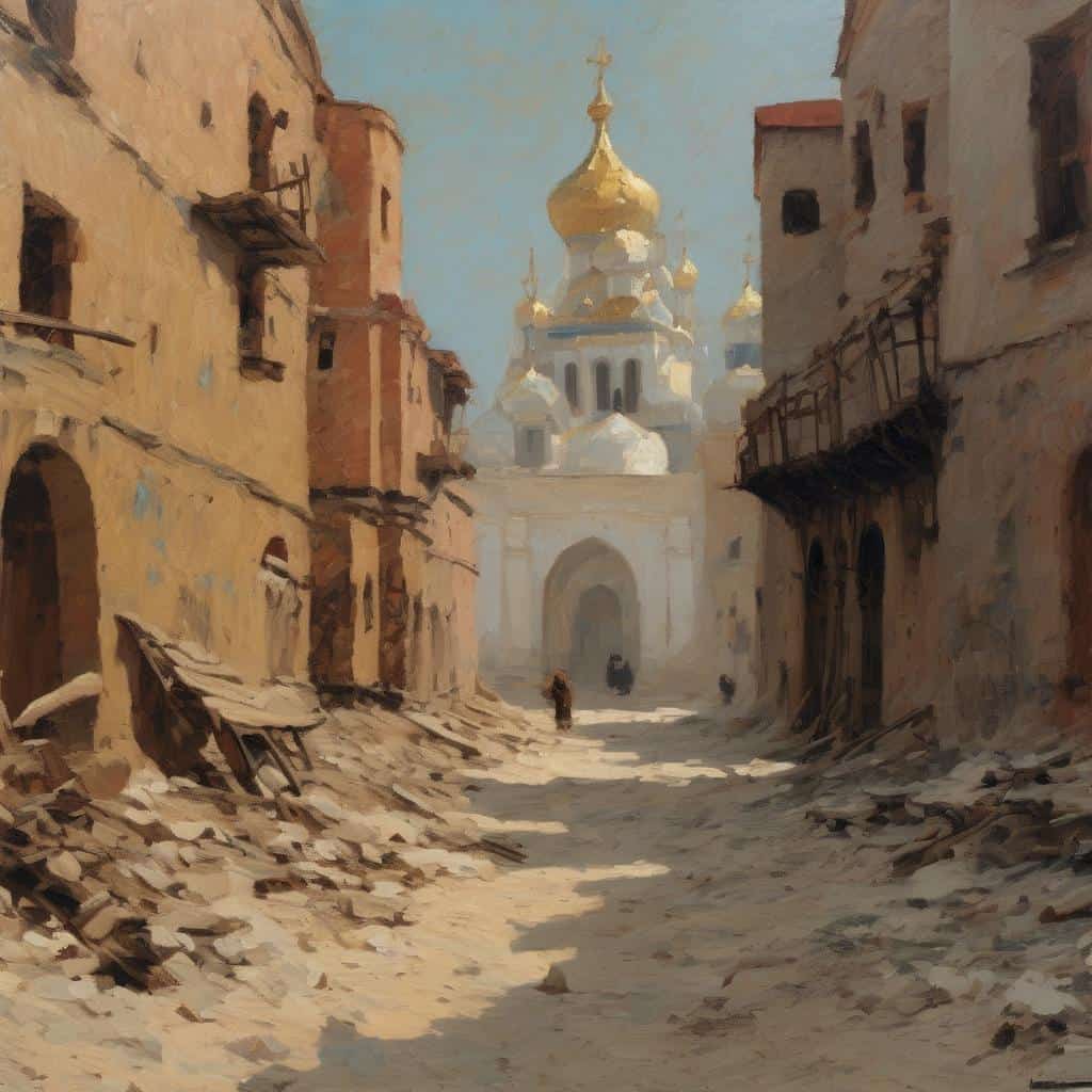 Φωτογραφία με παλαιά οδός και ερειπωμένα κτίρια, εκκλησία με χρυσό τρούλο στο βάθος, ιστορική αναπαράσταση, δημιουργία ως νοηματοδότηση.